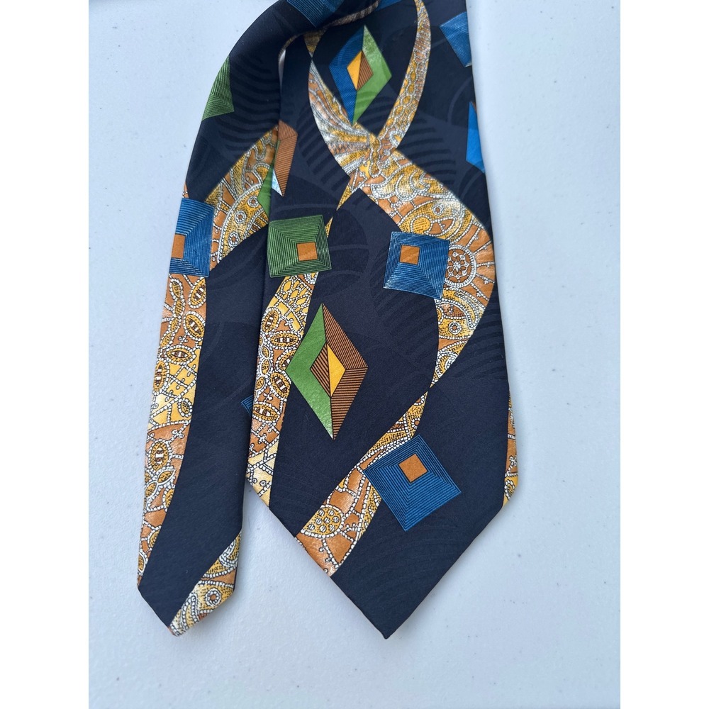 The DeSantis Collection Mens Silk Tie Geometric Abstract Gold Blue Made in Italy